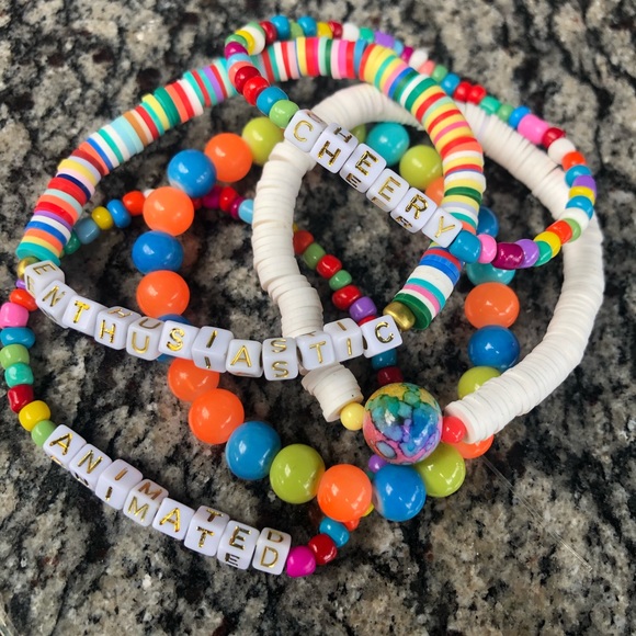 Heishi bead rubber rainbow set stack bracelet love cherry happy happiness gift - Picture 2 of 7